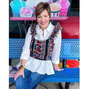 Eva Franco Embroidered Corset Summer Tank Top Ruffled Shoulder